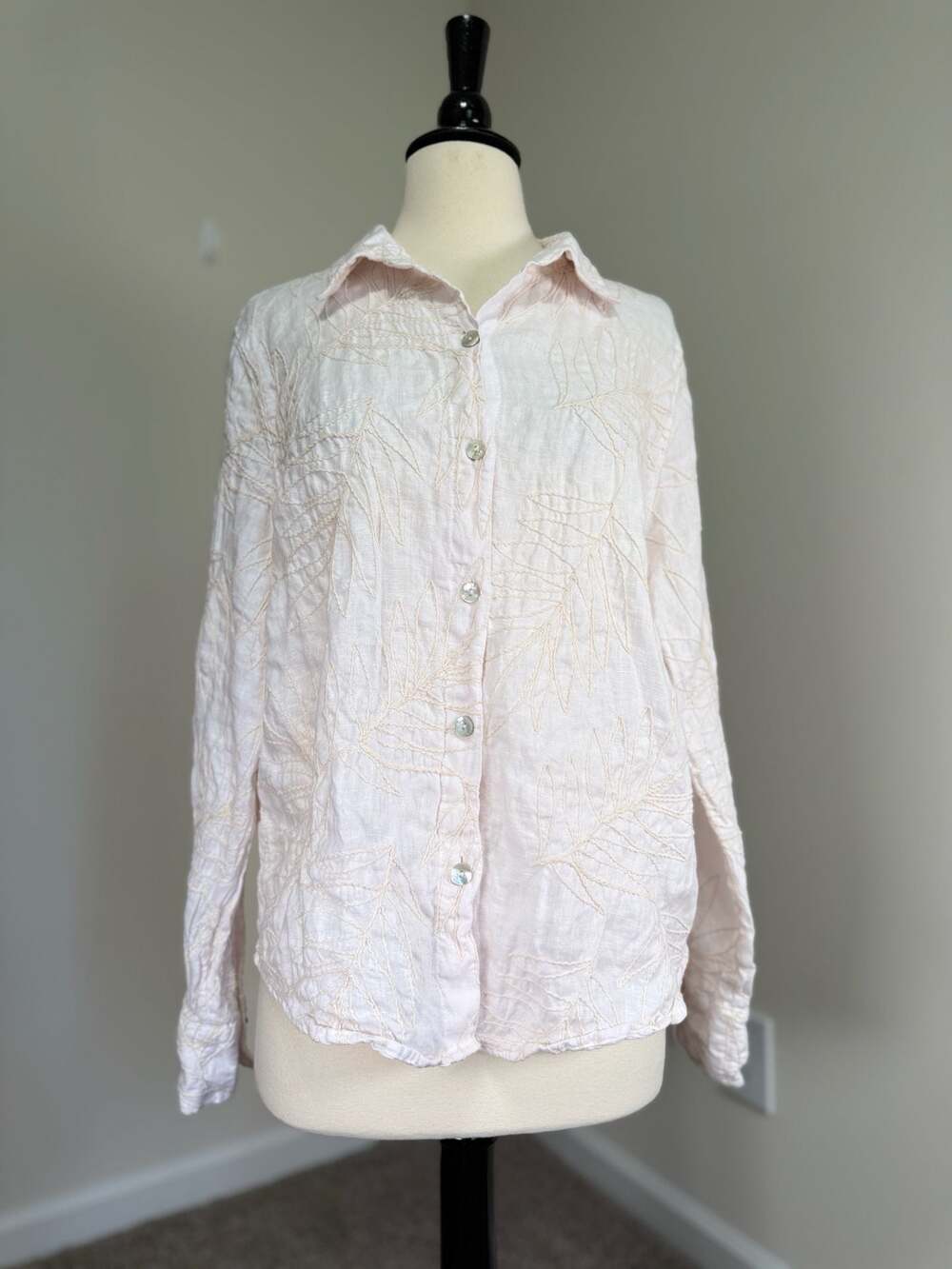 Calypso St. Barth 100% Linen Embroidered Leaf Shirt Resortwear Quiet Luxury